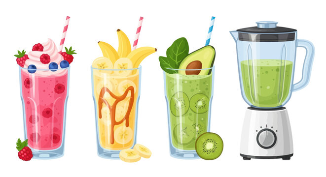 Four colorful fruit smoothies and a blender.