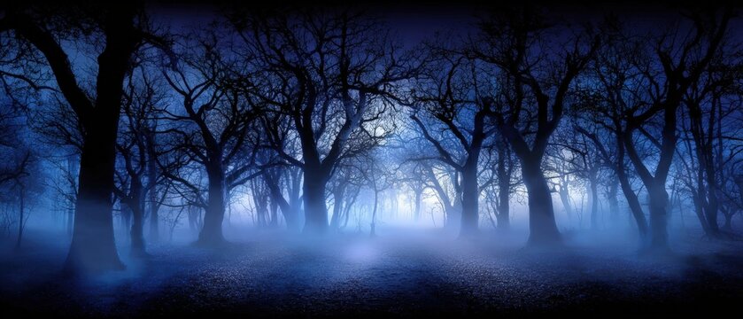 Enchanting moonlit forest scene with foggy atmosphere, leafless trees silhouettes, mystical night landscape, mysterious woodland setting