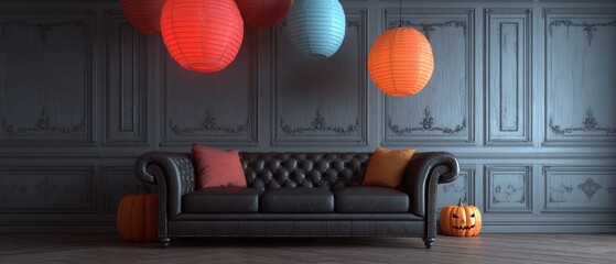 Stylish Halloween themed living room with colorful paper lanterns dark wall paneling plush sofa and festive pumpkins for celebration