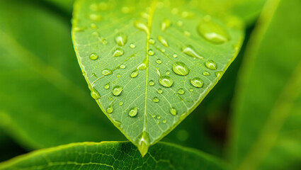 Close up of a vibrant green leaf with fresh water droplets after rain