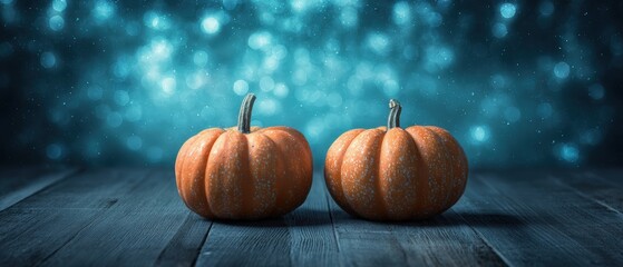 Two small orange pumpkins with curved stems placed on dark wooden surface against blue bokeh background for autumn or harvest season decoration