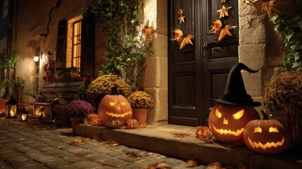 Cozy Halloween night scene with illuminated carved pumpkins pumpkins witch hat autumn leaves and lanterns outside rustic house