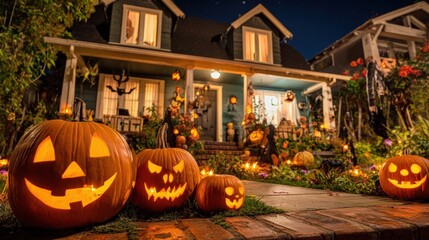 Spooky Halloween night scene with illuminated carved pumpkins decorating a picturesque suburban house exterior at dusk