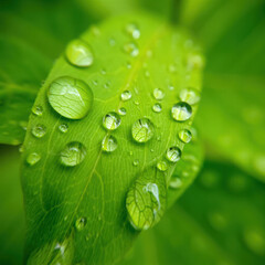 Close up of a vibrant green leaf covered in fresh water droplets after rain