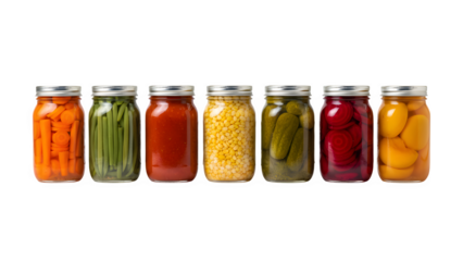 Various canned veggies and fruits, all neatly arranged in glass jars. The selection of vegetables that are either sauced, pickled, or sliced features carrots, green beans, and tomato sauce.

