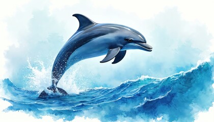 Naklejka premium Dolphin leaps from blue ocean wave. Marine mammal jumps, splashes water, moves through sea. Aquatic animal breaches surface, enjoys sunlit day.