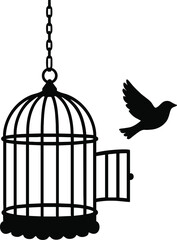 Fototapeta premium hanging birdcage with open door and small bird flying out silhouette