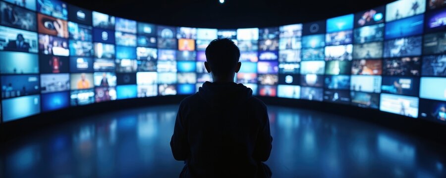 Man gazes at wall of many screens in dark room. Person watches media displays showing various content. Future tech, information overload, data center.