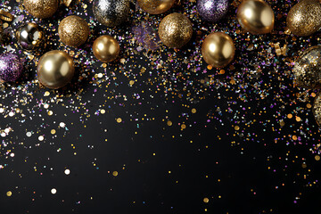 Sparkling celebration with golden ornaments and vibrant confetti creating a festive, glamorous atmosphere for New Year's Eve or holiday parties.