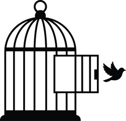 hanging birdcage with open door and small bird flying out silhouette