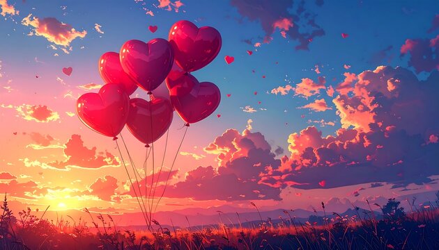 A vibrant sunset scene with heart-shaped balloons floating in a pastel sky filled with soft clouds and long grass