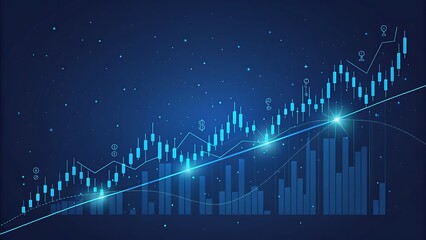 Financial data analysis and stock market investment concept with candle stick graph chart and diagram on dark blue background for business strategy