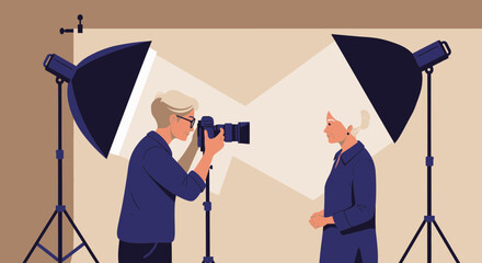 Female photographer taking a photo of a model in a studio setup with professional lighting equipment, concept for portrait photography, professional headshots and fashion industry