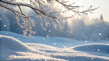 Snowcovered tree branch in a winter wonderland landscape, showcasing the beauty of nature, serene atmosphere, and the magic of the winter season