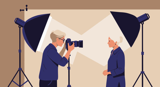 Female photographer taking a photo of a model in a studio setup with professional lighting equipment, concept for portrait photography, professional headshots and fashion industry