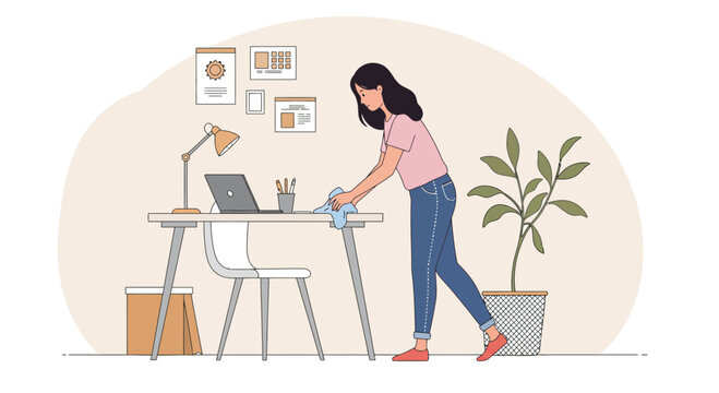 Illustration of a woman wiping desk in modern home office using cloth in her hand. Concept for cleaning service, household chores and maintaining a tidy workspace