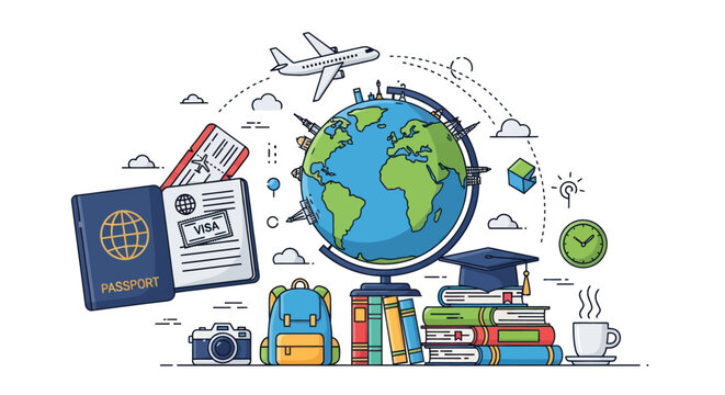 Global Travel and Education Concept with Line Art Icons.