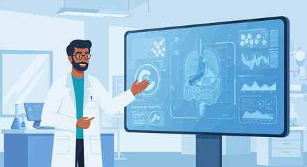 Illustration of a doctor presenting internal organ scans on a large screen in a modern lab setting. Concept for medical research display, anatomical education tool, and healthcare technology promotion