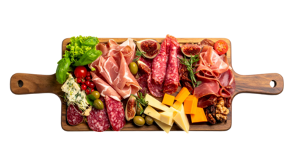 Meats, cheese, fruits, nuts, and garnish on a wooden charcuterie board