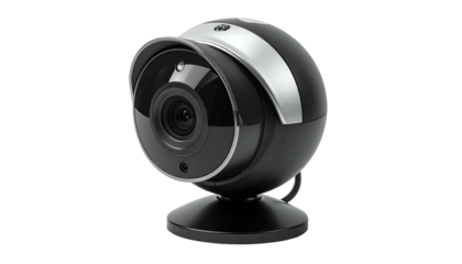 Dome-shaped camera with black body and silver visor on stand
