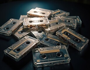 Pile of retro audio cassettes. Clear plastic cassette tapes on table. Vintage media players storage. Audio technology of past era. Music recordings for entertainment and listening on vintage device.