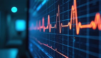 ECG graph on medical screen shows heart pulse line. Healthcare monitoring device displays vital signs for patient care. Technology helps doctors track rhythm and health.