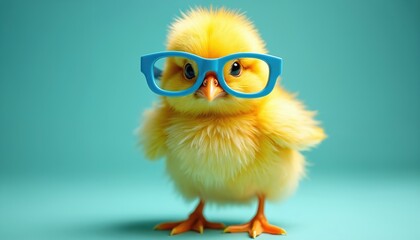 Fototapeta premium A fluffy yellow chick sports blue glasses against a turquoise backdrop. The cute bird looks straight at viewer. The image has cartoonish vibe. It suits marketing content.