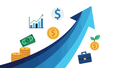 Upward blue arrow symbolizing financial growth with money charts and business icons.