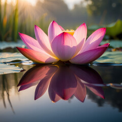 Beautiful pink lotus flower blooming on still water with reflection at sunrise