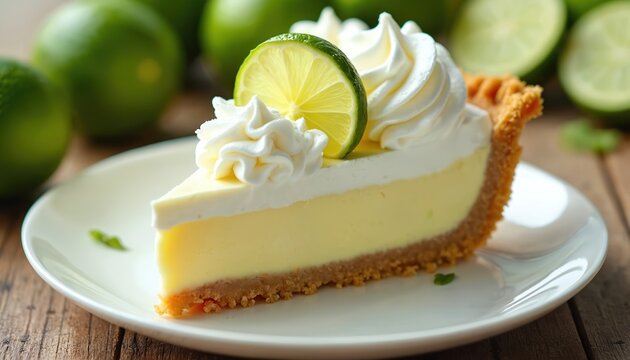 Slice of key lime pie on a white plate. Creamy filling with whipped cream and lime garnish. Fresh dessert for culinary arts or baking. Beautiful food photo.