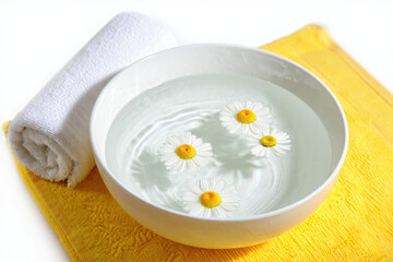 Spa bowl with floating daisies and rolled towel on yellow towel