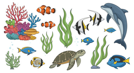 Obraz premium Colorful Marine Life Collection: Fish Dolphin Turtle and Coral.