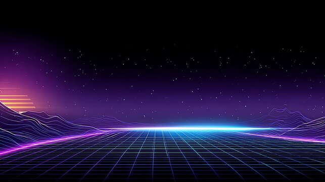 A vibrant digital landscape evokes a sense of futuristic exploration, featuring glowing gridlines receding into a starry, purple horizon, creating a retro-wave aesthetic and immersive atmosphere.