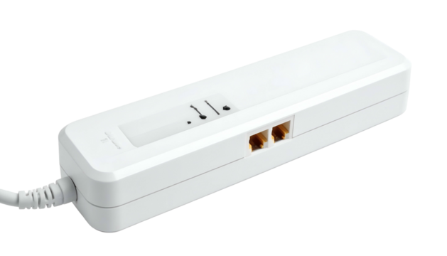White rectangular device with cable and two phone-like jacks