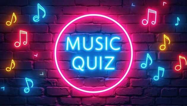 Neon music quiz sign glows on brick wall with colorful musical notes. Entertainment, fun, game show, trivia, party, club, bar, pub, event, festival, concert, live music, nightlife, retro, vintage,