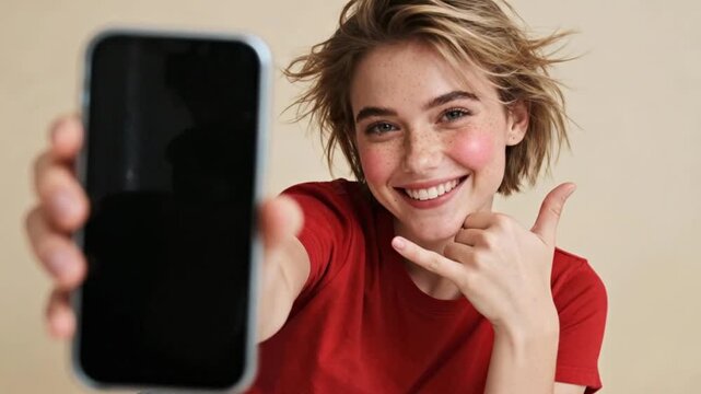Smiling Caucasian woman holding phone and pointing