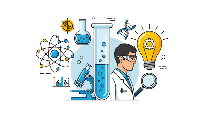 Scientist with Laboratory Equipment and Scientific Symbols.