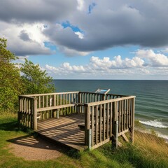 Obraz premium Scenic ocean view from wooden deck in serene coastal landscape