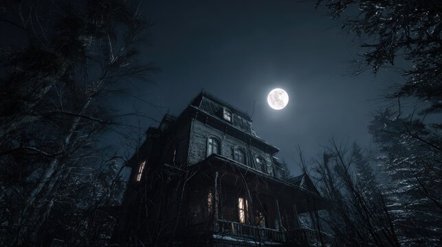 Spooky haunted house mansion under full moon night surrounded by dark trees with eerie atmosphere and mysterious ambiance