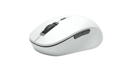 White computer mouse with black wheel and two side buttons