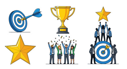 Collection of Success Symbols: Target Trophy and Stars.