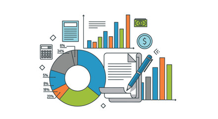 Business Data Analysis: Charts Graphs Calculator Pen and Documents Illustration.
