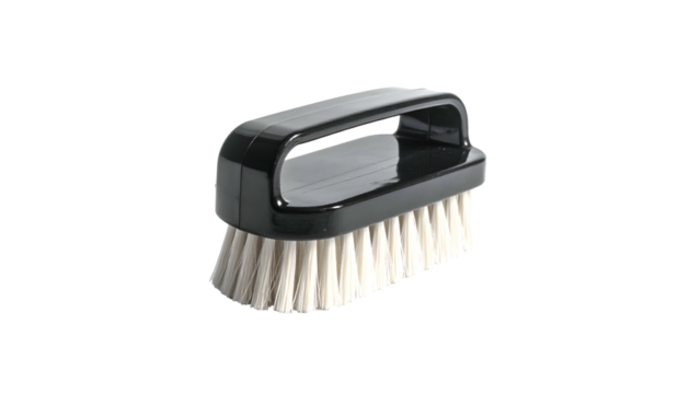Black plastic brush with white bristles. Handle for grip