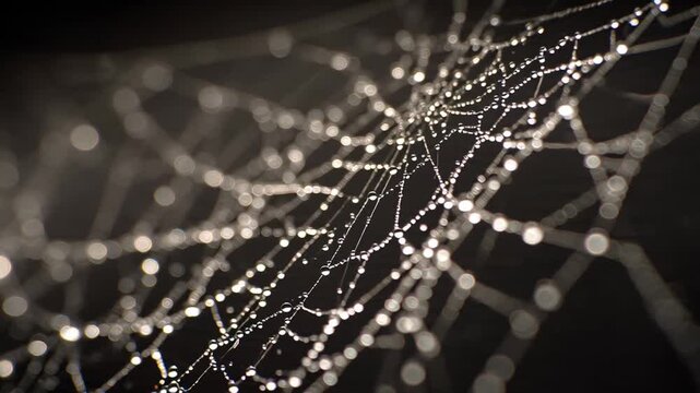 A glistening spiderweb, illuminated with water droplets against a dark background, in a close-up macro shot - Powered by Adobe