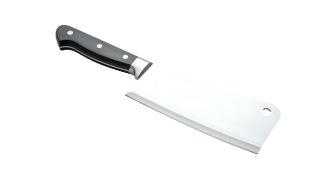 Shiny cleaver tool with dark handle on solid black backdrop