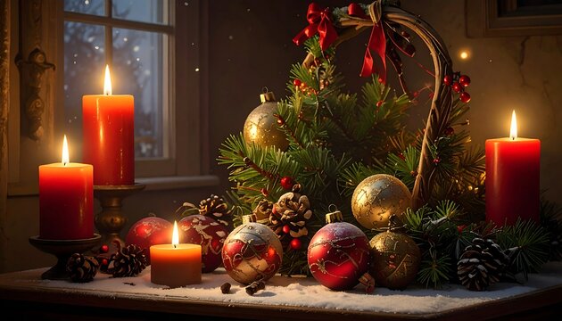 A warm, cozy holiday scene features glowing candles, festive ornaments, a mini-tree centerpiece, and pine cones on a table - Powered by Adobe