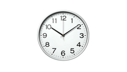 Round clock showing ten past two, against a dark background