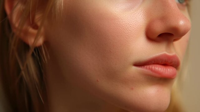A close-up portrait showcases a portion of a woman's face, highlighting the skin texture and facial features