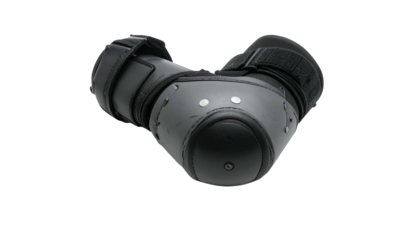 Curved protective black knee pads with straps, rivets and padding