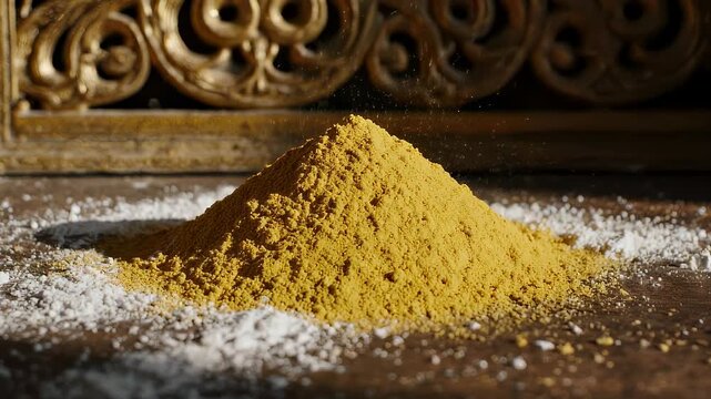 Pile of vibrant yellow spice powder on a textured surface with ornate wooden backdrop.